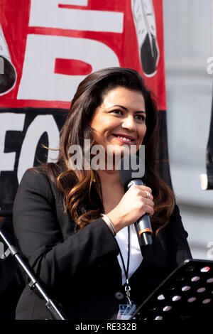 San Francisco, USA. 19th January, 2019. The Women's March San Francisco begins with a rally at Civic Center Plaza in front of City Hall. Comedian and actor Mona Shaikh, the first Pakistani female comedian to headline Hollywood Improv, was the Master of Ceremonies at the San Francisco Rally. Credit: Shelly Rivoli/Alamy Live News Stock Photo