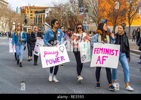 San Francisco, USA. 19th Jan 2019.  Participants to the Women's March event hold signs with various messages Stock Photo