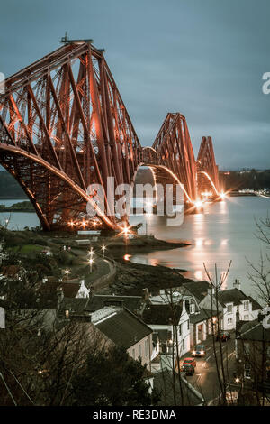 View of Forth Rail Bridge with lights on from viewpoint. Iconic piece of engineering built in 1890,and world's second longest single cantilever bridge