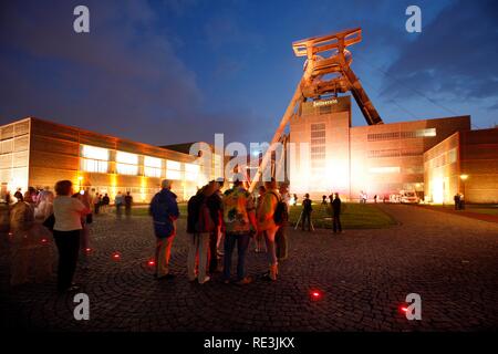 Headframe or winding tower of the Zollverein Coal Mine, Shaft XII, during Extraschicht, extra shift, night of industrial culture Stock Photo
