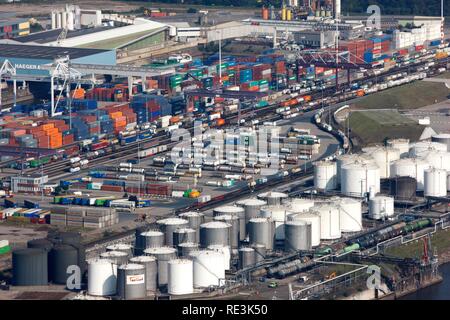 Duisport, port and logistics center, Ruhrort inland port on the river Rhine, considered the world's largest inland port, DeCeTe Stock Photo