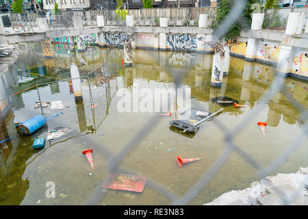 CHRISTCHURCH NEW ZEALAND OCTOBER 10 2018; Deserted remains of commercial building foundations flooded left for reconstruction in Christchurch after th Stock Photo