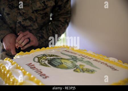 Cpl. Richard Cook, a combat engineer with Special Purpose Marine Air-Ground Task Force Crisis Response-Africa, slices a piece of cake during a celebration of the 241st Marine Corps’ birthday at Naval Air Station Sigonella, Italy, Nov. 10, 2016. Strategically located in the Mediterranean, the Marines in Italy serve as headquarters for the logistics combat element of SPMAGTF-CR-AF. U.S. Marines and Sailors assigned to Special Purpose Marine Air-Ground Task Force-Crisis Response-Africa Command support operations, contingencies and security cooperation in the U.S. Africa Command area of responsibi Stock Photo