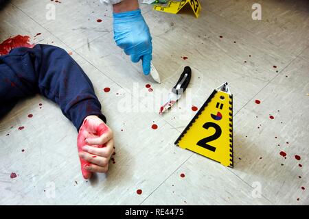 Securing forensic evidence at a crime scene after a capital offence, homicide, by the C.I.D., the Criminal Investigation Stock Photo