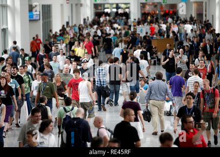 Visitors at the Cologne Trade Fair, Cologne, North Rhine-Westphalia Stock Photo