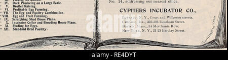 . The Eastern poultryman. Poultry Periodicals; Fruit Periodicals. Chap. I. &quot; II. &quot; III. &quot; IV. &quot; V. &quot; VI. &quot; VII. &quot;VIII. &quot; IX. &quot; X. 1 XI. 1 xn. Starting with an Incubator. Handling Chicks in a Brooder. Feeding the Chicks. Duck Producing on a Large Scale. Broiler Raising. Profitable Egg Farming. The Egg and Poultry Combination. Egg and Fruit Farming. Scratching Shed House Plans. Incubator Cellar and Brooding House Plans. Feeding for Eggs. Standard Bred Poultry. THIS BOOK IS FREE but we respectfully ask you to send 10 cents in stamps or silver, to pay p Stock Photo