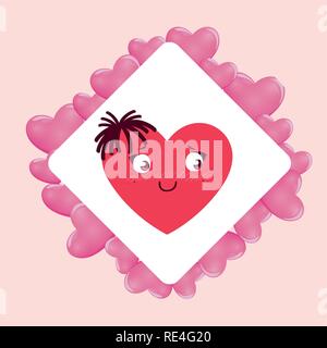 heart face emoticon character in frame with hearts vector illustration design Stock Vector