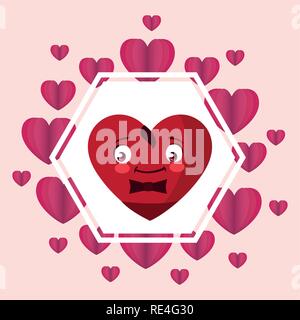 heart face emoticon character in frame with hearts vector illustration design Stock Vector