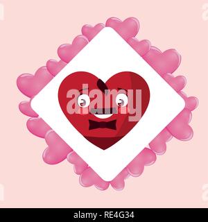 heart face emoticon character in frame with hearts vector illustration design Stock Vector