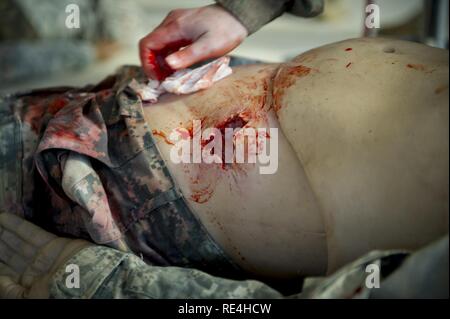 U.S. Army Spc. Sherry Alexander, California Army National Guard combat medic, cleans a simulated injury on a manikin during a mass casualty scenario at the final field training exercise of a 10-Day 68W/EMT Sustainment Course in Lorton, Va., Nov. 18, 2016. The course, taught by Walter Reed National Military Medical Center instructors, provided the fundamentals of Tactical Combat Casualty Care, from the point of injury through evacuation in a tactical environment. Completion of the joint course also satisfied all requirements, as prescribed by the National Registry of Emergency Medical Technicia Stock Photo