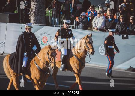 The Marine Corps Mounted Color Guard participates in the 130th annual Rose Bowl Parade with the United States Marine Corps West Coast Composite Band  in Pasadena, CA. on Jan. 1, 2019.  The mounted color guard is the only equestrian color guard in the Marine Corps and is stationed at Marine Corps Logistics Base, Barstow, California. Stock Photo