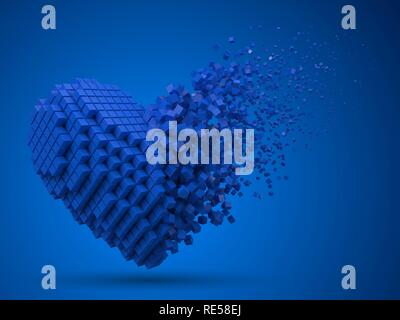 heart shaped, dissolving data block. made with blue cubes. 3d pixel style vector illustration. Stock Vector