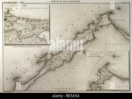 Napoleonic map. Egyptian coast , city of Alexandria. Atlas de l'Histoire du Consulat et de l'Empire. History of the Consulate and the Empire of France under Napoleon by Marie Joseph Louis Adolphe Thiers (1797-1877). Drawings by Dufour, engravings by Dyonnet. Edited in Paris, 1864. Stock Photo