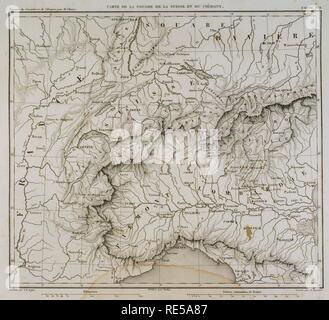 Map of Swabia (southwest Germany), Switzerland and Piamont (North Italy). Atlas de l'Histoire du Consulat et de l'Empire. History of the Consulate and the Empire of France under Napoleon by Marie Joseph Louis Adolphe Thiers (1797-1877). Drawings by Dufour, engravings by Dyonnet. Edited in Paris, 1864. Stock Photo