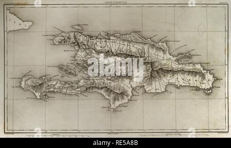 Napoleonic map. Island of Santo Domingo. Napoleon re-established slavery on the island, sending thousands of soldiers in 1802. Half of the French troops died because of yellow fever. Atlas de l'Histoire du Consulat et de l'Empire. History of the Consulate and the Empire of France under Napoleon by Marie Joseph Louis Adolphe Thiers (1797-1877). Drawings by Dufour and engravings by Dyonnet. Edited in Paris, 1864. Stock Photo