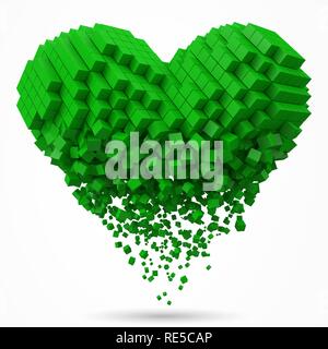heart shaped, dissolving data block. made with green cubes. 3d pixel style vector illustration. Stock Vector