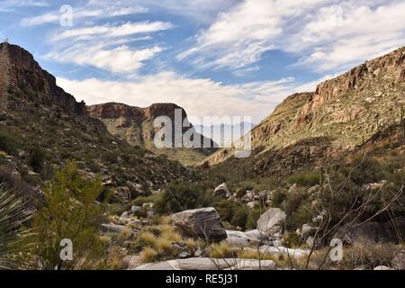 Pima Canyon Trail in Coronado National Forest. The Santa Catalina Mountains can be seen, with Tucson, Arizona in the distance. Stock Photo