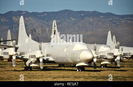 A fleet of P-3 surveillance planes in long-term storage at the Air Force Boneyard at Davis-Monthan, operated by the AMARG Stock Photo