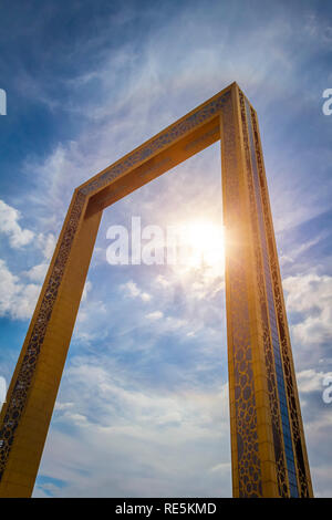 Dubai, UAE - November 28, 2018: The famous Dubai Frame is located in Zabeel Park. It is a museum of history and architectural landmark. Stock Photo