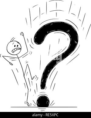 Cartoon of Man or Businessman Startled by Big Falling Question Mark Stock Vector