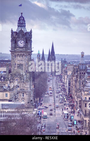 Edinburgh, Scotland / United Kingdom - 13 January 2019: Princes Street in the Centre of Edinburgh is busy with buses and shoppers in front of the Balm Stock Photo