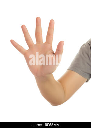 Human hand in reach out one's hand and showing 5 fingers gesture isolate on white background with clipping path, High resolution and low contrast for  Stock Photo