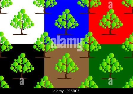 Deciduous green tree seamless pattern, Tree (white, black, red, blue, brown, green) background set, Stock Vector