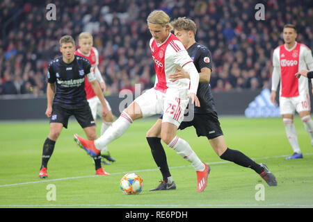 Amsterdam, Netherlands. 20th January 2019. Ajax attacker Kasper Dolberg kicks the ball during the game against Heerenveen for a match in the Dutch first division. Amsterdam, Netherlands, January 20, 2019. Credit: Federico Guerra Maranesi/Alamy Live News Stock Photo