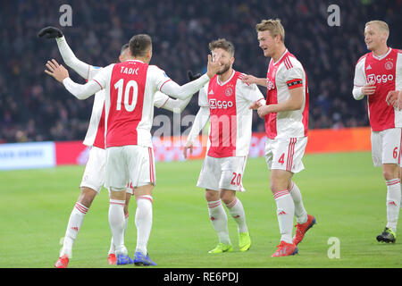 Amsterdam, Netherlands. 20th January 2019. Ajax team celebrates the goal during the game against Heerenveen for a match in the Dutch first division. Amsterdam, Netherlands, January 20, 2019. Credit: Federico Guerra Maranesi/Alamy Live News Stock Photo