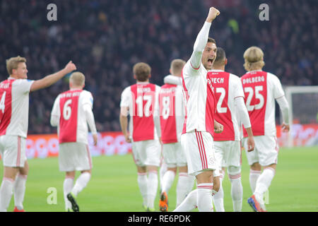 Amsterdam, Netherlands. 20th January 2019. Ajax midfielder Dusan Tadic celebrates the score during the game against Heerenveen for a match in the Dutch first division. Amsterdam, Netherlands, January 20, 2019. Credit: Federico Guerra Maranesi/Alamy Live News Stock Photo