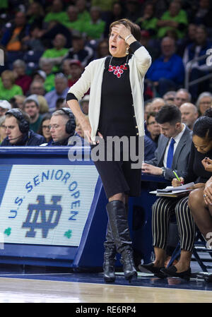 Indiana, USA. 20th Jan, 2019. Notre Dame head coach Muffet McGraw reacts to her teams play during NCAA Basketball game action between the Boston College Eagles and the Notre Dame Fighting Irish at Purcell Pavilion at the Joyce Center in Indiana. Notre Dame defeated Boston College 92-63. John Mersits/CSM/Alamy Live News Stock Photo