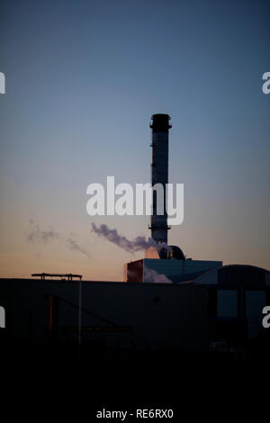 Shoreham, UK. 20th Jan, 2019. Shoreham Power Station is a gas-fired power station located at the Shoreham Harbour in Southwick, West Sussex. It was built on the site of the a former coal power Station in 2002 and it is owned by Scottish Power since 2004. The station uses a gas turbine, and a steam turbine and generator to provide heat energy which is converted to electric power. According to Scottish Power, Shoreham Power Station produces energy for 400,000 homes on the south coast. Credit: ZUMA Press, Inc./Alamy Live News Stock Photo