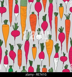 Carrot and Radish Drawing Seamless Pattern on Grey Background. Harvesting Season. Fresh Vegetables Stock Vector