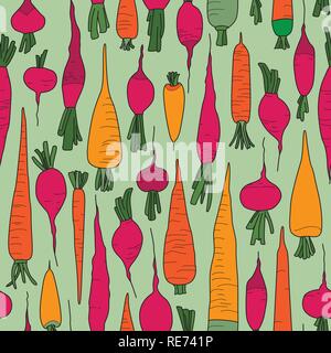 Vegetable Seamless Pattern on Green Background. Carrot and Radish Harvesting Season. Fresh Veggies Stock Vector