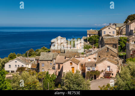 Hill town of Canari over Mediterranean Sea, Cap Corse, Haute-Corse, Corsica, France Stock Photo