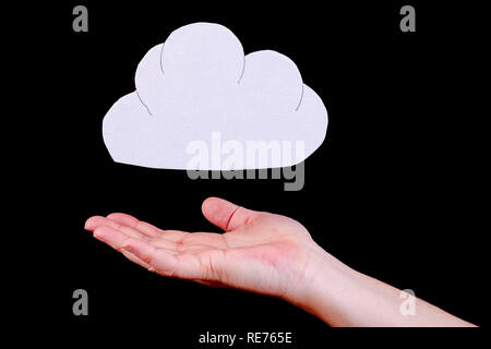 Cloud computing, identity theft and data protection concept. Cloud cutout with a human open hand underneath the cloud. Stock Photo