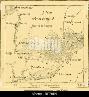 . The earth and its inhabitants ... Geography. 128 MEXICO, CENTRAL AMERICA, WEST INDIES. Fie 51.—PUEBLA IN 1862. Scale 1 : 120,000. have counted over 400 towers, all belonging to other sanctuaries." But a few daj's after contemplating this panoramic view, the conqueror began the work of destruction by fire and sword. Of the 400 temples nothing now remains except a few shapeless mounds covered with vegetation. But one of these lying to the south-east of the city is a veritable hill of bricks and layers of earth, as shown by the explorations and the cuttings made for the road and the railwa Stock Photo