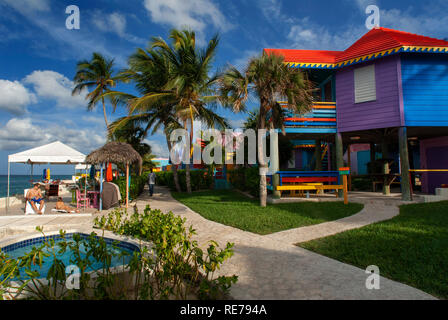 Hotel Compass Point Resort at Love beach Nassau, Bahamas, Caribbean. Brightly Colored Cottages At Compass Point Beach Club. Stock Photo