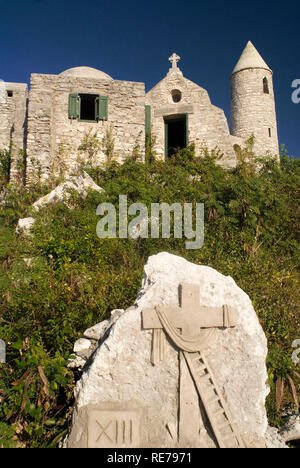 The Ermite small monastery at the top of Mount Alvernia on Cat island, over 63 meters, Bahamas. Mt. Alvernia Hermitage and Father Jerome's tomb atop C Stock Photo