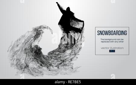 Abstract silhouette of a snowboarder jumping isolated on white background from particles. Snowboarder jumping and performs a trick. Background can be changed to any other. Vector illustration Stock Vector