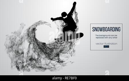 Abstract silhouette of a snowboarder jumping isolated on white background from particles. Snowboarder jumping and performs a trick. Background can be changed to any other. Vector illustration Stock Vector