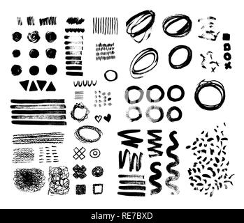 Hand-drawn brush raw textured shapes. Black ink random hand drawn scribbles set isolated on white background.  illustration. Stock Photo