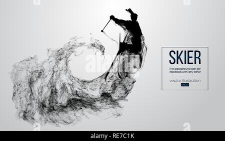 Abstract silhouette of a skier isolated on white background from particles, dust, smoke, steam. Skier jumping and performs a trick. Background can be changed to any other. Vector illustration Stock Vector