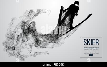 Abstract silhouette of a skier isolated on white background from particles, dust, smoke, steam. Skier jumping and performs a trick. Background can be changed to any other. Vector illustration Stock Vector