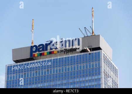 BERLIN, GERMANY - MAY 15 2018: Park Inn by Radisson Berlin Alexanderplazt hotels and resorts logo on the hotel building on May 15, 2018 in Berlin Stock Photo