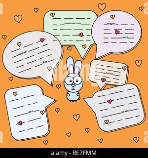 Cartoon Rabbit with chat cloud vector illustration. Bunny with talking bubble. Hare at orange background. Wild animal with heart. Postcard, poster. Fine for print design. Stock Vector
