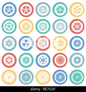 Wheel icons set on color circles white background for graphic and web design, Modern simple vector sign. Internet concept. Trendy symbol for website design web button or mobile app. Stock Vector