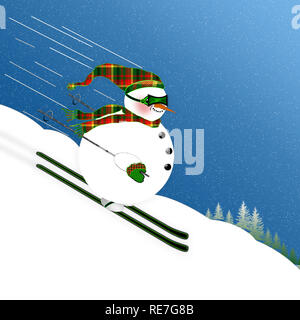 Cute, Funny and Fat Little Snowman skiing down mountain at fast speed.  Wearing red/green and yellow plaid scarf, hat and gloves.  Illustration Stock Photo