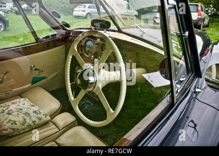 Interior of Jaguar XK120 convertible roadster at the Anglesey Vintage Rally, Anglesey, North Wales, UK, May 2015 Stock Photo