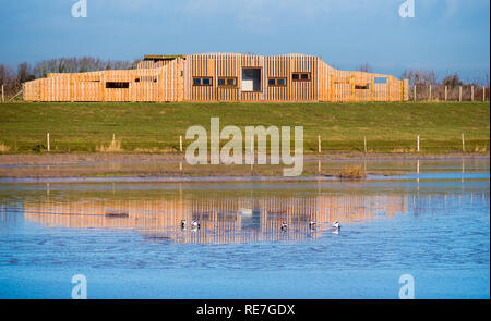 The Polden Hide at Steart Marshes Wildlife and Wetlands Reserve on the River Parrett in Somerset UK